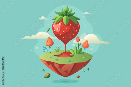 surreal floating strawberry on heart shaped island with green grass and flowers