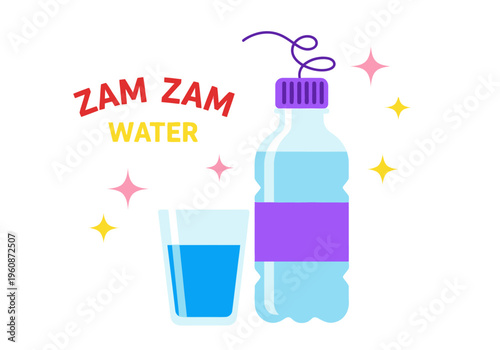 Zam Zam Water Vector Illustration with Bottle and Glass for Islamic Pilgrimage, Hajj, and Umrah - Holy Water from Mecca Design Element on White Background