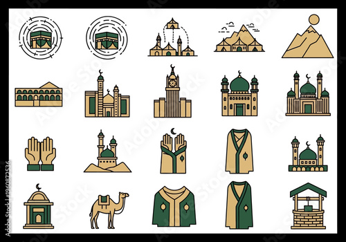 Set of Hajj and Umrah Icons for Islamic Pilgrimage to Makkah, Featuring Kaaba, Prophet's Mosque, Prayer Hands, and Traditional Symbols for Religious Graphic Design