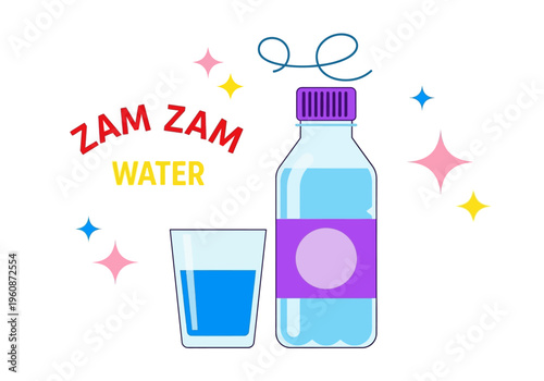 Zam Zam Water Illustration with Bottle and Glass - Islamic Holy Water Vector Icon for Hajj and Umrah Religious Content