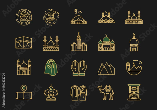 Hajj and Umrah Islamic Pilgrimage Icon Set - Vector Illustrations of Kaaba, Mosque, Praying Hands, and Mecca Landmarks on Dark Background