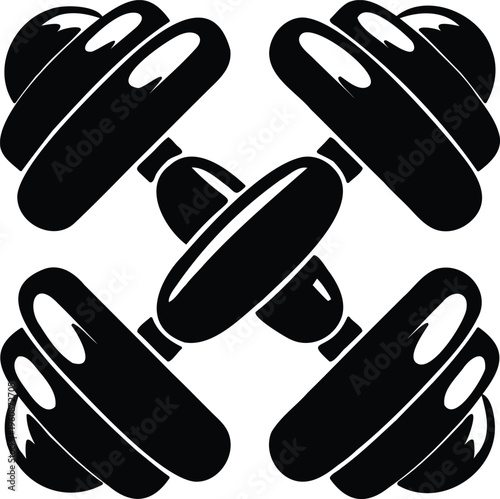 Four black dumbbells arranged in a crisscross pattern design  fitness equipment