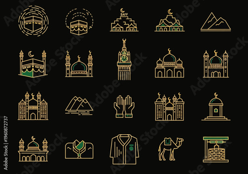 Islamic Hajj and Umrah Icons Set - Kaaba, Makkah Clock Tower, Masjid al-Haram, and Pilgrimage Symbols in Gold Line Art on Black Background