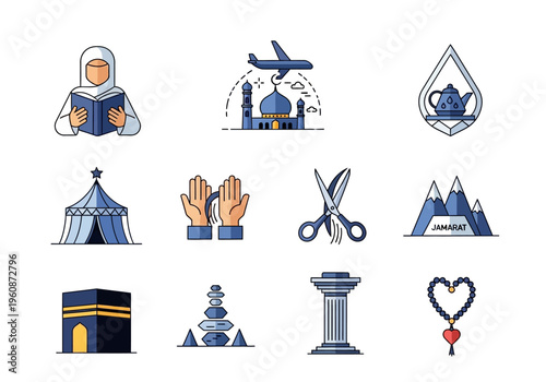 Islamic Hajj and Umrah Pilgrimage Icon Set - Flat Vector Illustrations of Kaaba, Mosque, Religious Rituals, and Mecca Travel Symbols