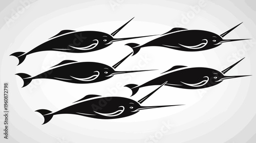 A stylized illustration featuring five black narwhals with long tusks swimming, set on a textured white background