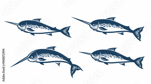 Four stylized swordfish illustrations in dark blue against a white background, varying poses