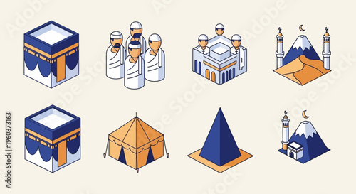 Isometric Hajj and Umrah Pilgrimage Icon Set with Kaaba, Pilgrims, and Islamic Landmarks