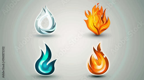 Stylized illustrations of four classical elements water, fire, air, and earth. Vivid colors and gradients