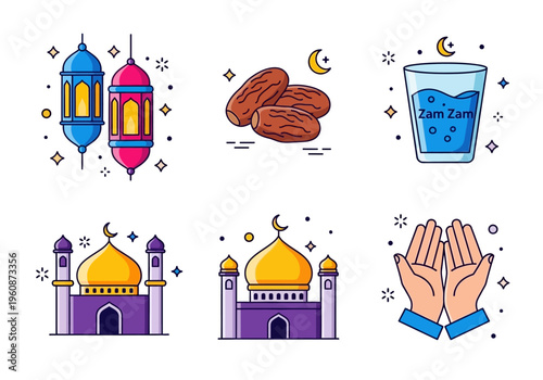 Ramadan Kareem and Eid Mubarak Islamic Icon Set featuring Lanterns, Dates, Zam Zam Water, Mosque Illustrations, and Praying Hands in Modern Flat Vector Style