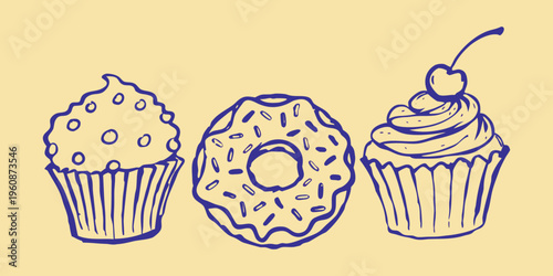 Isolated vector illustration of a delicious set of Easter eggs and sweet chocolate cupcakes with pink cream frosting and brown sugar icing on a white background.