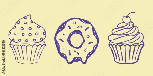 A festive illustration of an Easter egg with a ribbon, eggs in a basket and a nest, and a sweet pink chocolate cupcake with cream icing and a cherry for a delicious bakery celebration card design.