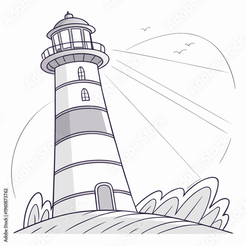 Foto A black and white drawing of a lighthouse on a hill