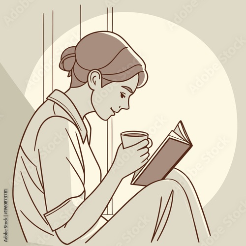 Woman sitting and reading a book with a cup of coffee