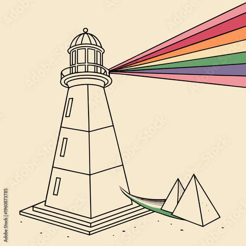 A lighthouse on a coastline near pyramids