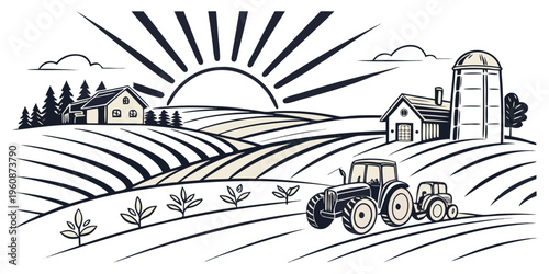 A vintage cartoon vector illustration of a rural farm landscape featuring a house, old road, and mountains under a clear sky.