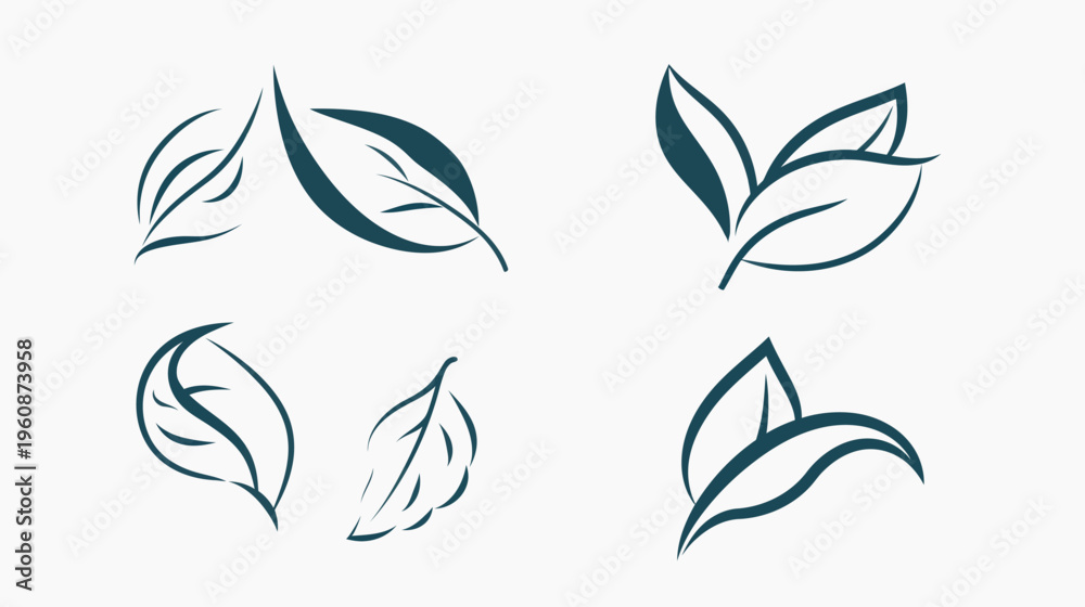 Fototapeta premium Artistic depiction of stylized green leaves in different arrangements on a white background