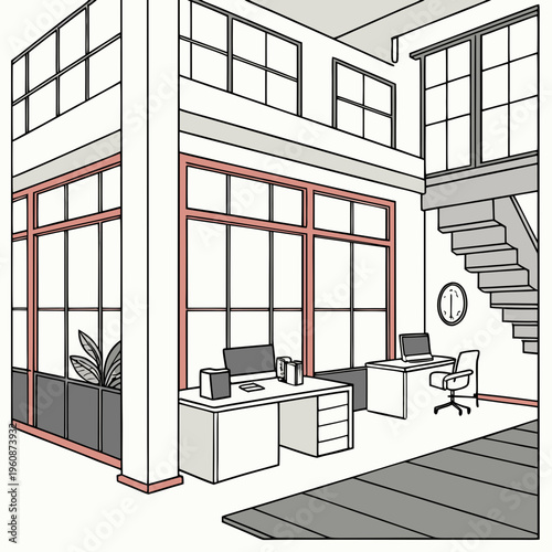 A modern office with two desks and a staircase