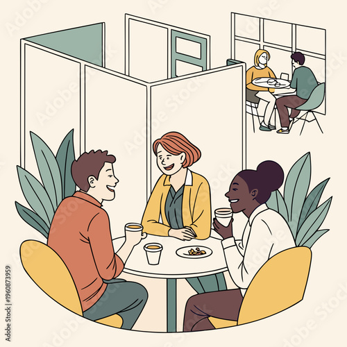 People sitting at a table in a modern office cafeteria