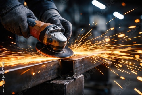 Worker using angle grinder cutting metal with sparks in industrial workshop