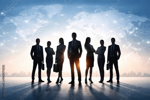 Diverse business professionals standing with world map and digital connections concept