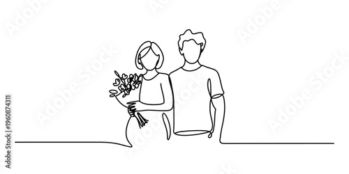 Continuous line drawing of a happy pregnant couple with a flower bouquet standing together