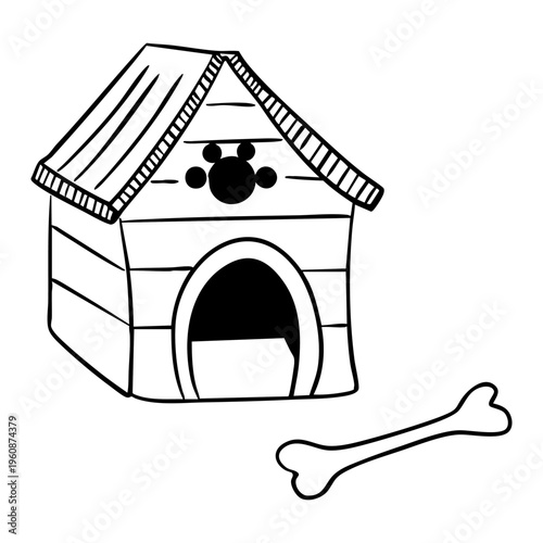 Hand drawn vector illustration of a dog house, black line art
