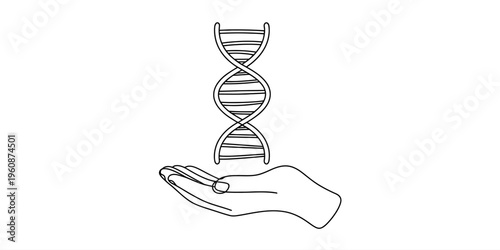 One line drawing of a hand holding a dna double helix symbol for genetics and biotechnology