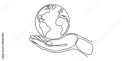 Minimalist one line art of a hand protecting the planet earth to symbolize global care and unity