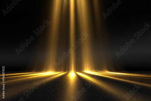 Golden light beams illuminating dark space with glowing particles