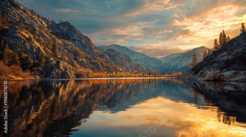 Breathtaking mountain lake at sunset with golden reflections and autumn colors