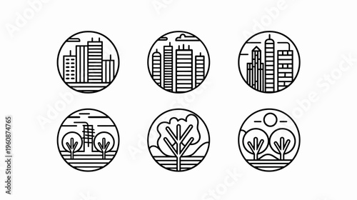A set of six round, minimalist line art icons depicting cityscapes and natural scenes