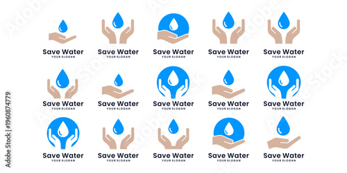 Collection of save water logos with droplet and eco symbols in modern vector style, perfect for environmental campaigns and water conservation brands.