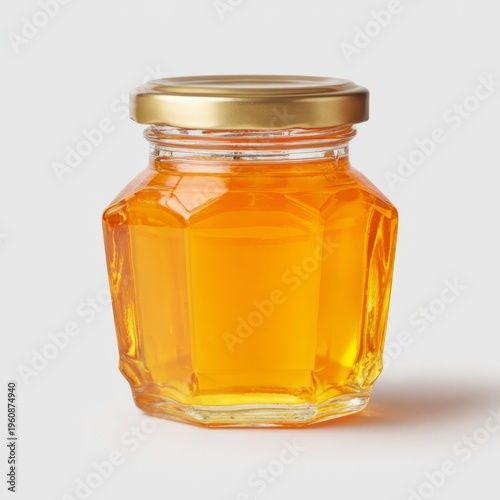 Hexagonal jar of golden honey with golden lid on white background