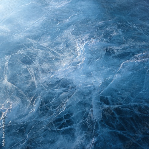 Intricate patterns of cracked blue ice on a frozen lake surface
