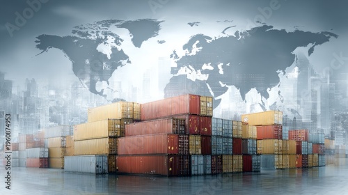 Global trade concept with shipping containers and world map background