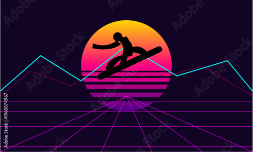 A retro synthwave style graphic featuring a silhouette of a person jumping on a snowboard at night