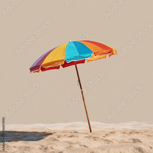 Colorful beach umbrella in sand on a clear day