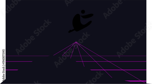 A minimalist graphic illustration of a person jumping over a purple neon grid in dark space