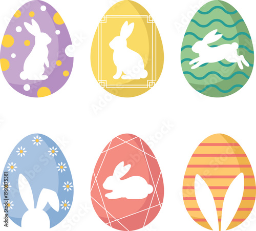 Easter eggs with bunny silhouette in different poses. Easter day festival collection. For greeting cards, social media posts, Easter promotions, flyers, digital invitations, and festive packaging.