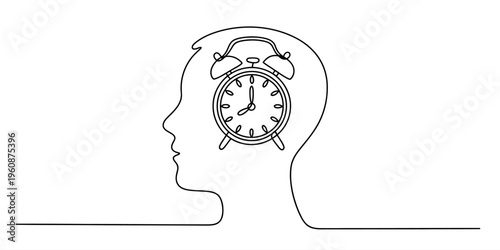 Continuous line drawing of a human head with an alarm clock representing time management.