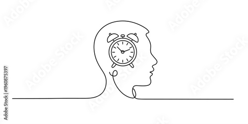 Continuous line drawing of a human head with an alarm clock inside representing time management
