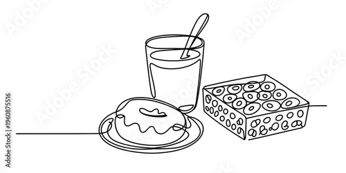 Continuous line drawing of a breakfast scene with a glass of milk, a donut, and cereal.