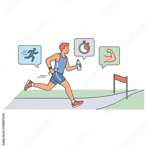 Man runs quickly on track with stopwatch and speech bubbles showing athlete and bicep