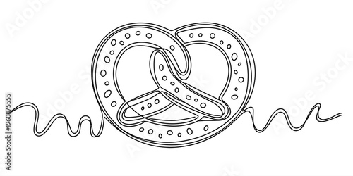 Continuous line drawing of a traditional german pretzel with salt grains on white background