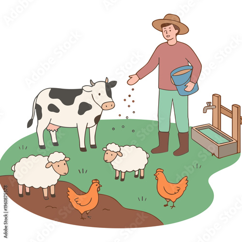 A farmer feeds a cow, sheep, and chickens on a green farm.