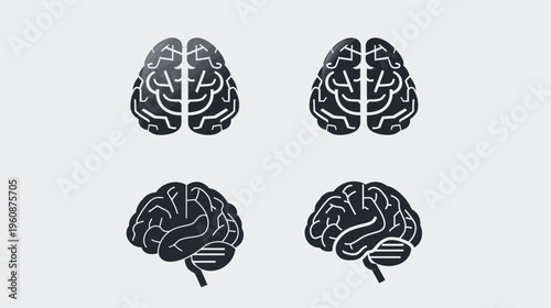 Four stylized renderings of human brains, in black with white outlines, against a light gray background