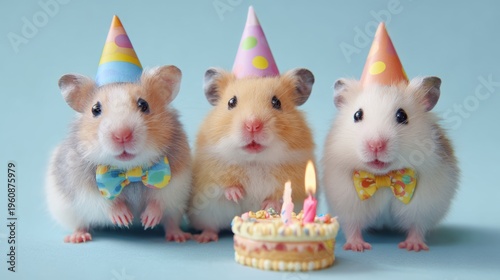 Wallpaper Mural Birthday celebration theme for party event. Three hamsters wearing colorful party hats and bow ties, gathered around a birthday cake adorned with lit candles, against a light blue background. Torontodigital.ca