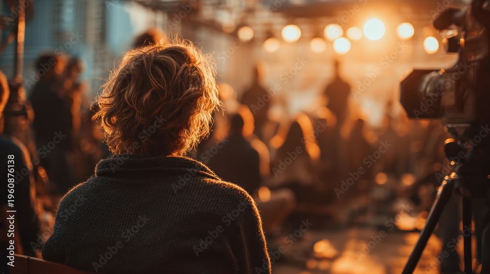 Fototapeta premium event coverage angle behind scenes live event person watching presentation stage production atmosphere audience perspective media coverage