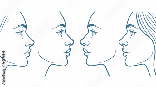 Linear illustrations of four stylized feminine profiles in a blue outline on a white background