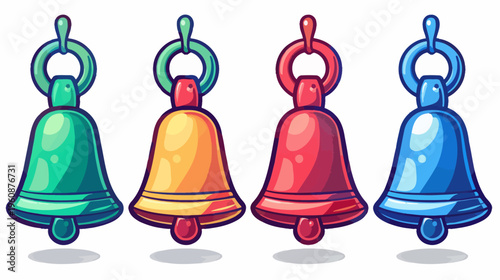Four stylized bells in green, yellow, red, and blue, with shadows. Cartoon illustration, isolated objects